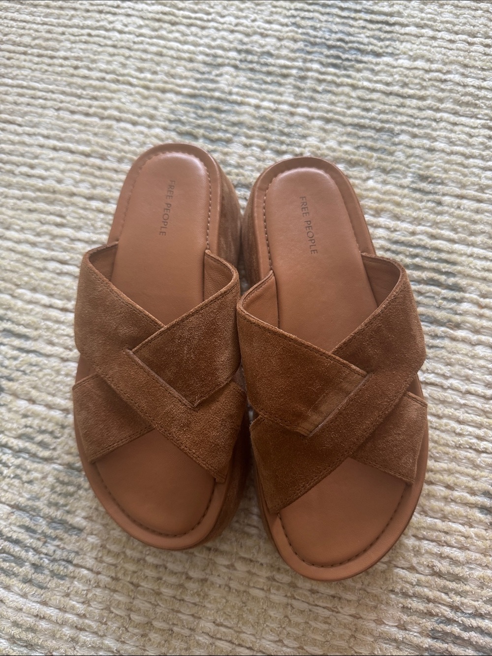 Free People Golden Tan Suede Crisscross Slide Sandals